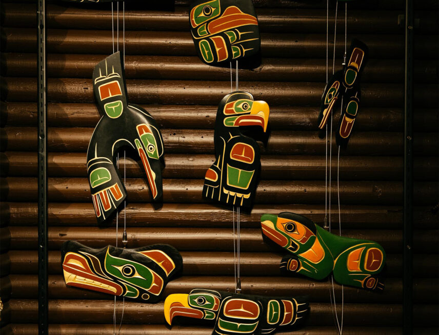 Indigenous carvings available for purchase at the Trading Post Gift Shop, showcasing the exquisite craftsmanship and cultural significance of Indigenous artistry at Capilano Suspension Bridge Park