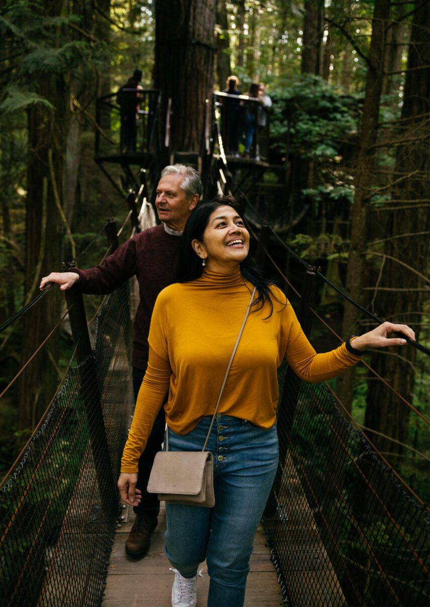 A tour group of guests enjoys the stunning views and immersive experience on Treetops Adventure, exploring the lush canopy and natural beauty at Capilano Suspension Bridge Park