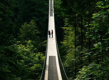 Two guests stand and converse in the serene morning atmosphere, suspended in the middle of the iconic Capilano Suspension Bridge, surrounded by breathtaking natural beauty